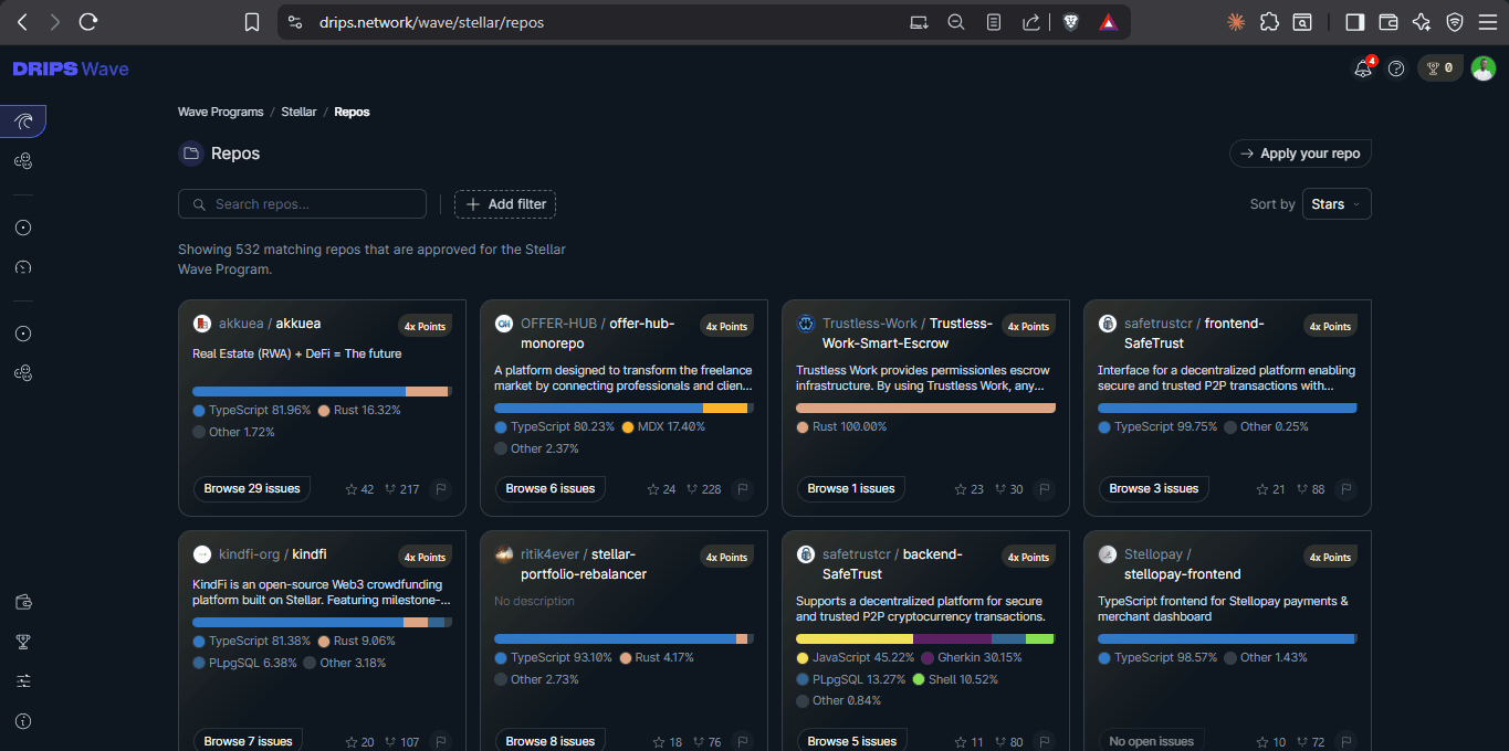 Drips repos view listing Stellar Wave-approved repositories